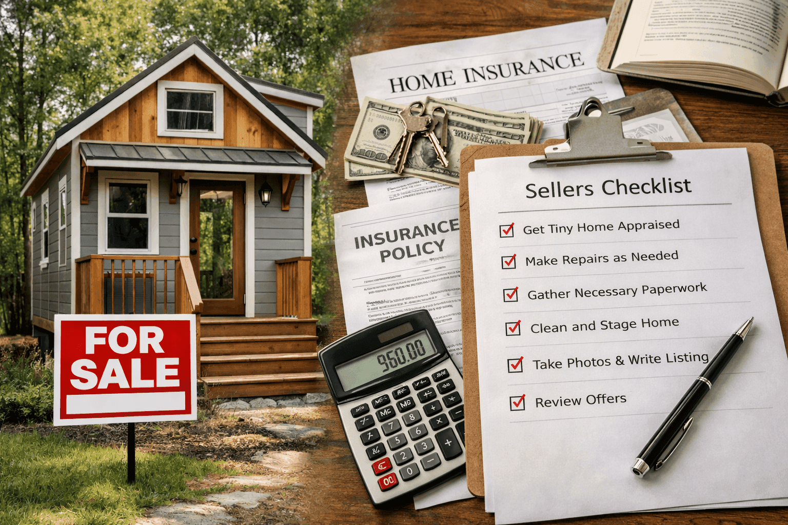 Tiny house with insurance documents and checklist for sellers preparing to list their home