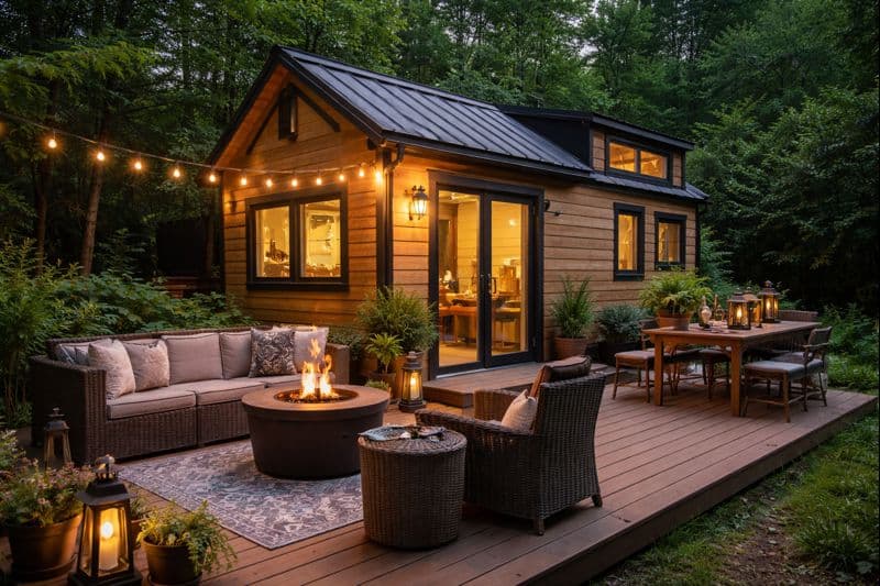 Cozy tiny house rental with outdoor deck setup for guests