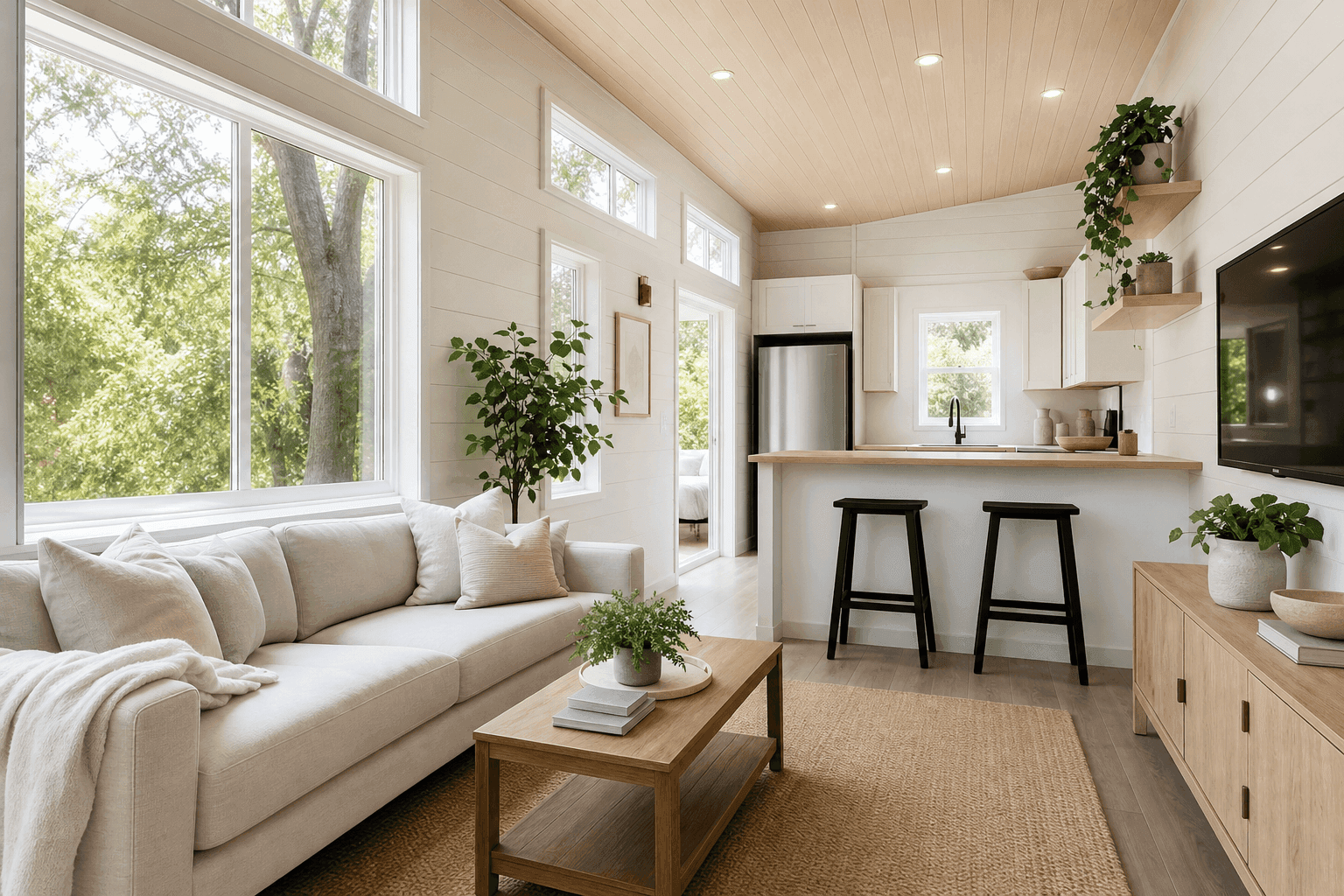 Beautifully staged tiny house interior with natural light and minimal decor
