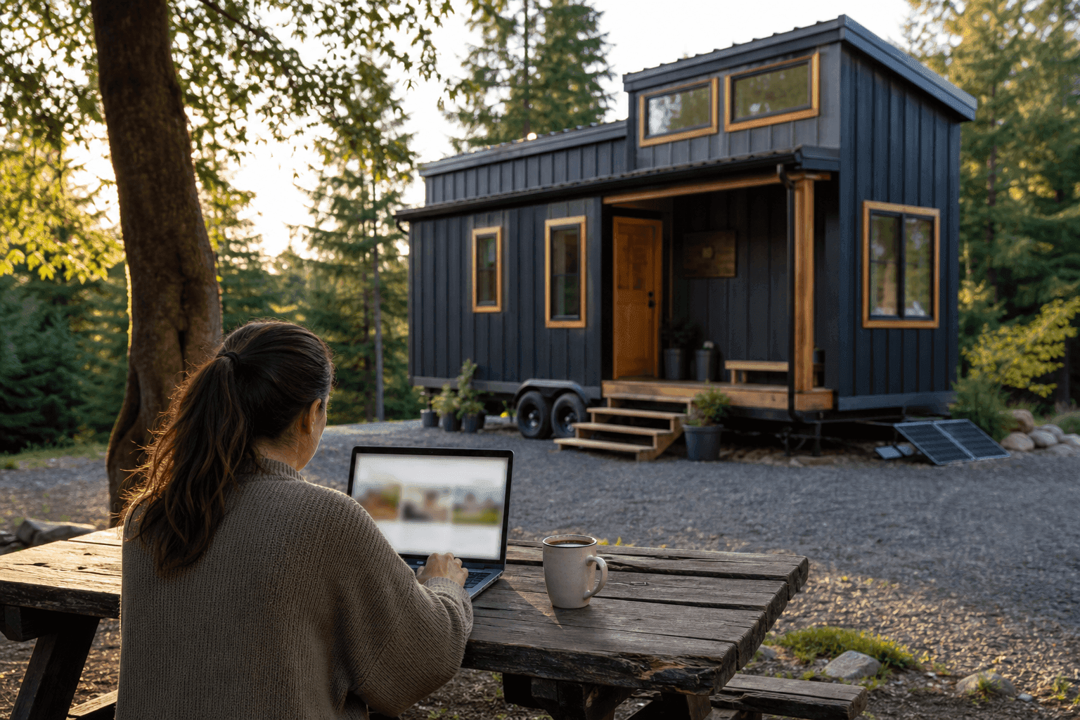 Seller listing a tiny house online from an outdoor workspace with the home in the background