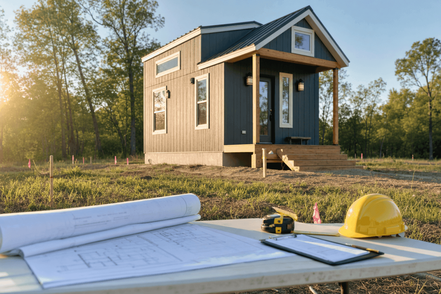 Tiny house on a foundation at a building site with survey stakes and house plans