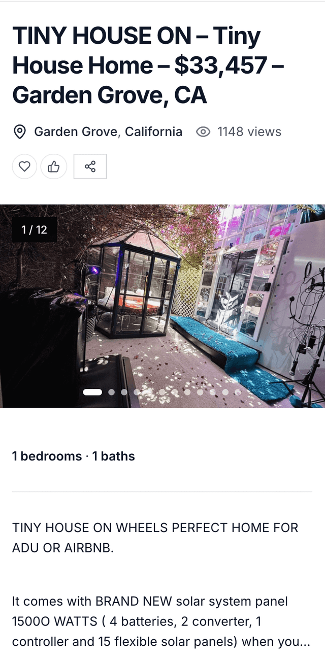 Tiny house listing on mobile