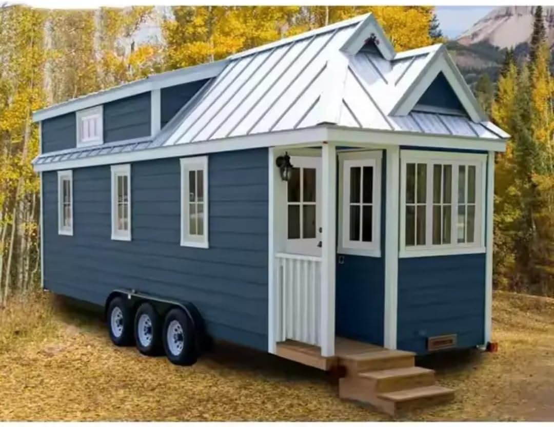 Modern Tiny House on Wheels – 240 Sq Ft Triple-Axle Trailer with Navy Blue Siding, French Doors & Porch