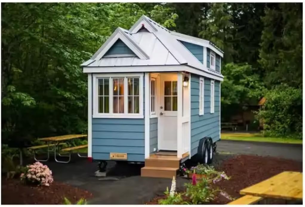 Modern Tiny House on Wheels – 240 Sq Ft Triple-Axle Trailer with Navy Blue Siding, French Doors & Porch - Image 2