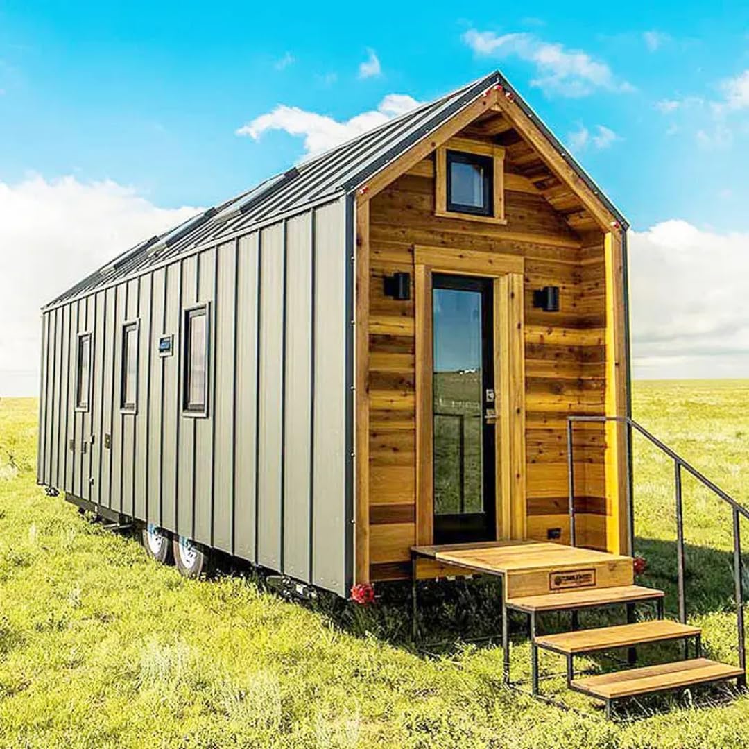 Wood & Metal Exterior Tiny House on Wheels – Glass Door, Wooden Steps, and Portable Design