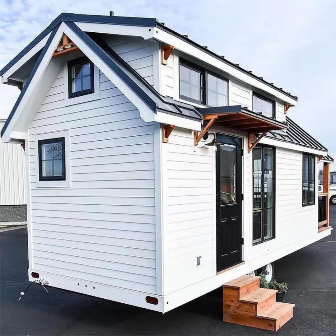 Modern Tiny House on Wheels – 260 Sq Ft White Exterior with Black Trim, Wood Accents & Multiple Windows