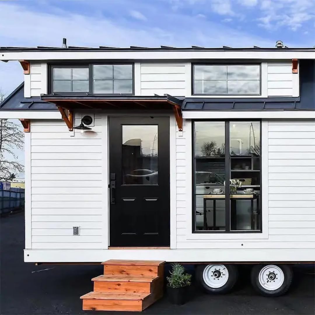 Modern Tiny House on Wheels – 260 Sq Ft White Exterior with Black Trim, Wood Accents & Multiple Windows - Image 2