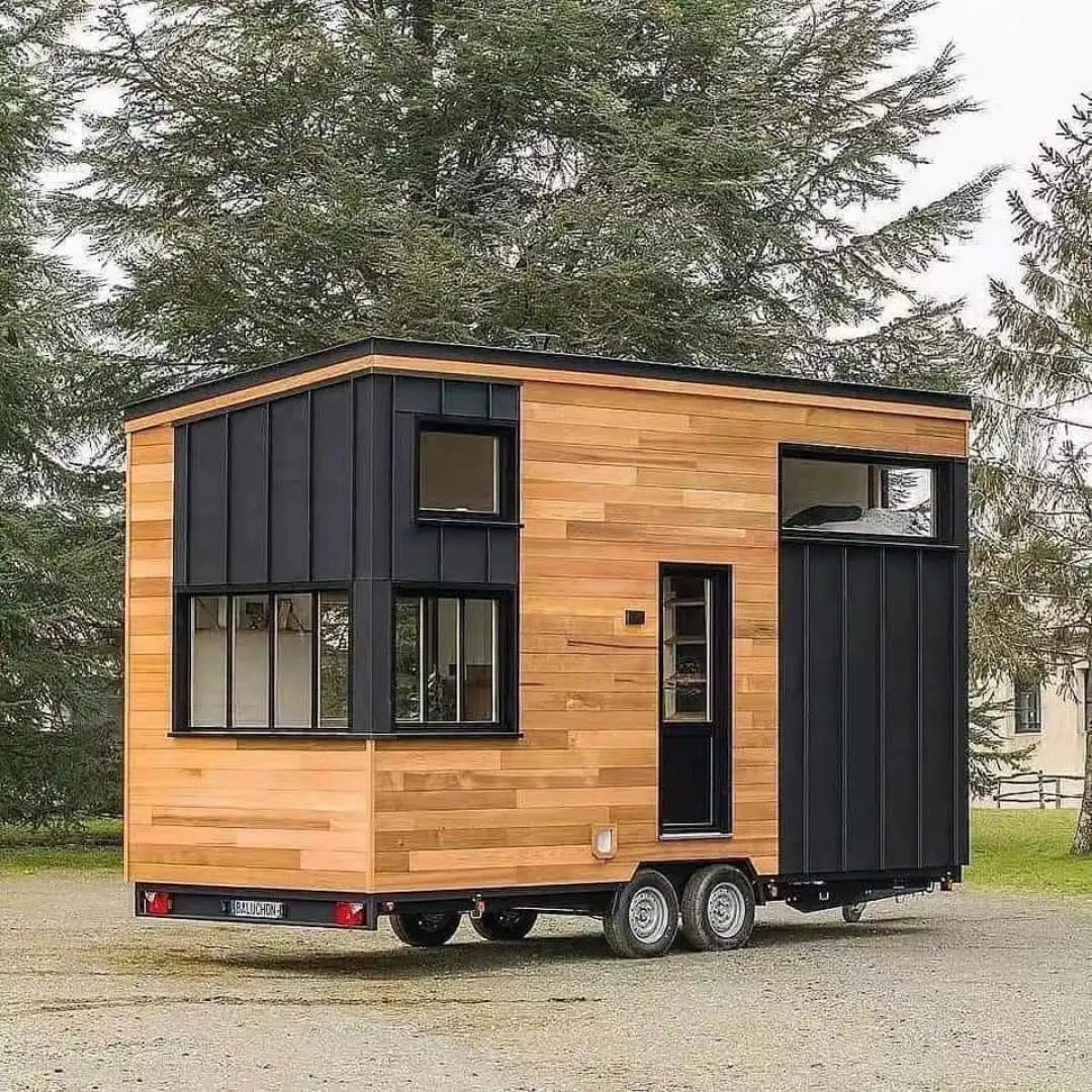 Modern Tiny House on Wheels – Cedar & Black Metal Exterior with Large Windows