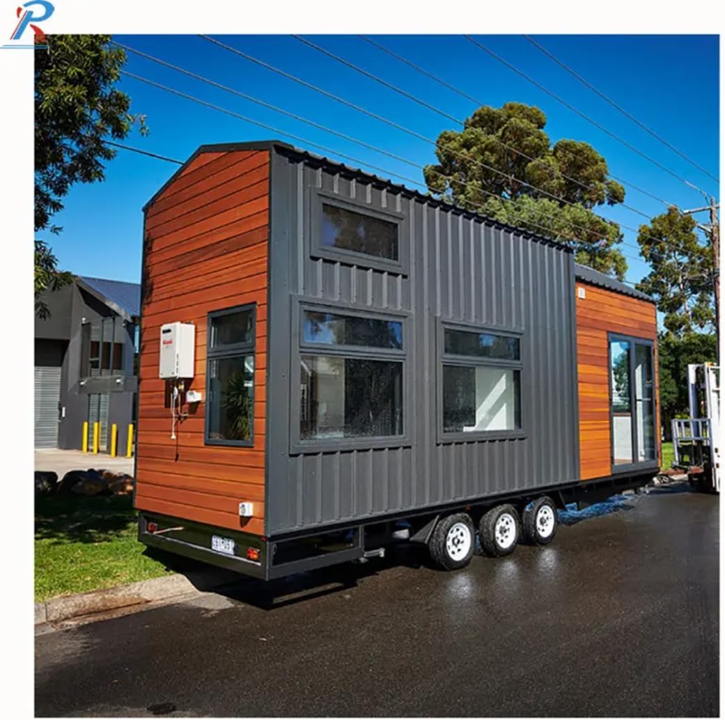 Industrial-Modern Container Tiny Home on Wheels – Gray Metal with Cedar Accents & Large Windows