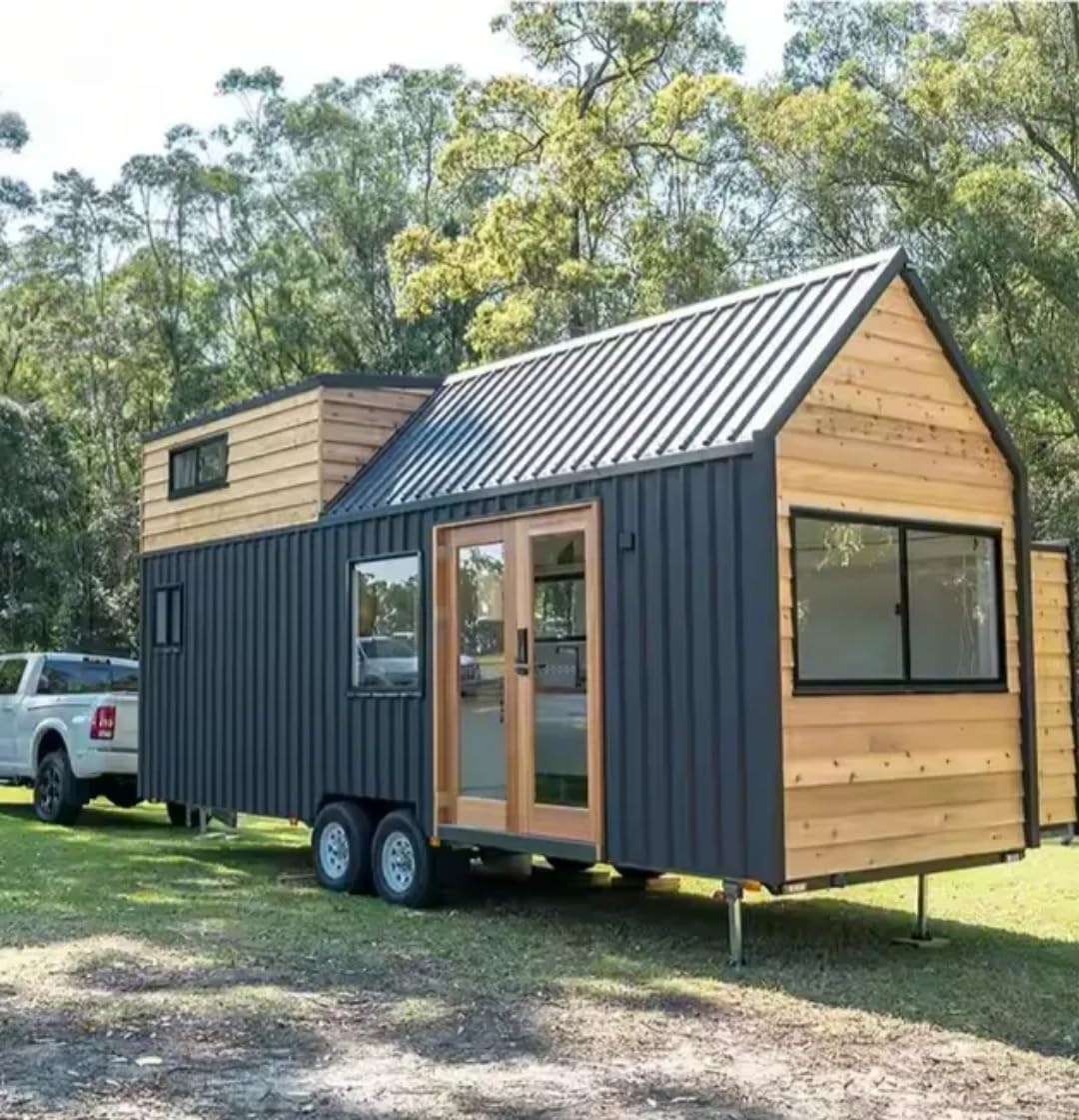 24-Foot Mobile Tiny House with Wood & Metal Exterior – Dual Axle Trailer and Glass Entry