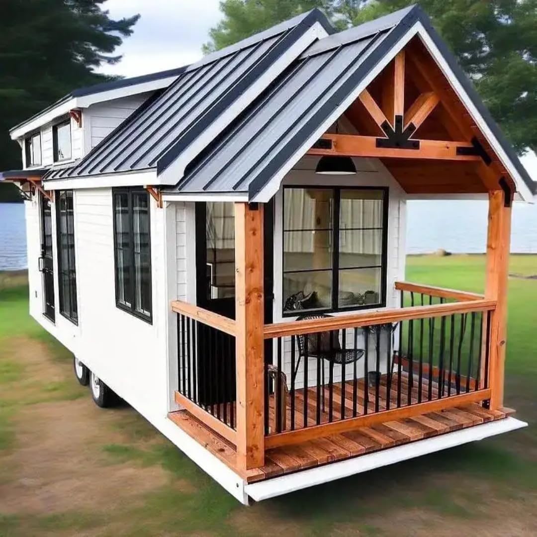 White & Cedar Tiny Home with Metal Roof – Porch, Large Windows, and Covered Entryway