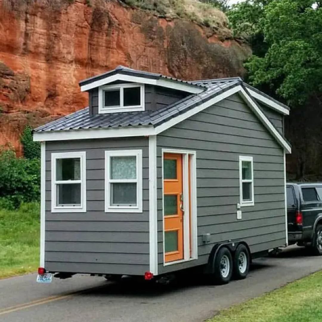 Gray Tiny Home on Wheels with Orange Door – Dual Axle Trailer, Metal Roof, and Dormer Window