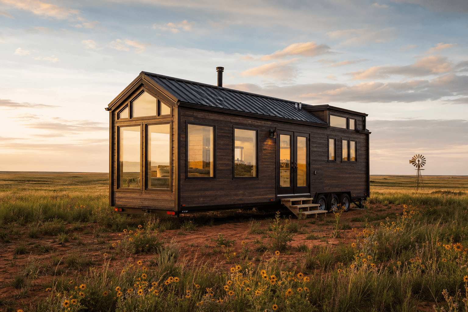 Oklahoma tiny house on a trailer with scenic landscape background