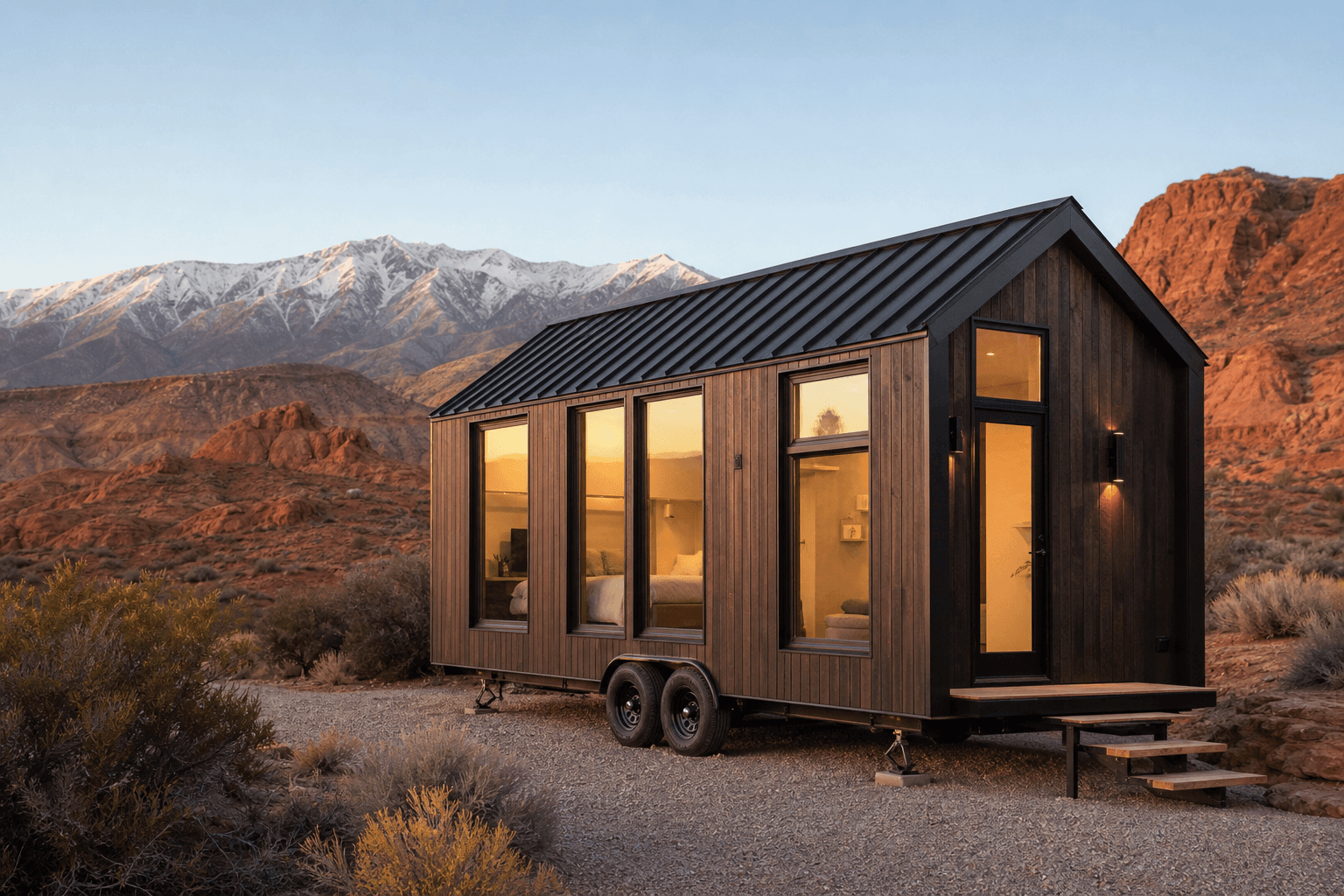 Utah tiny house on a trailer with scenic landscape background