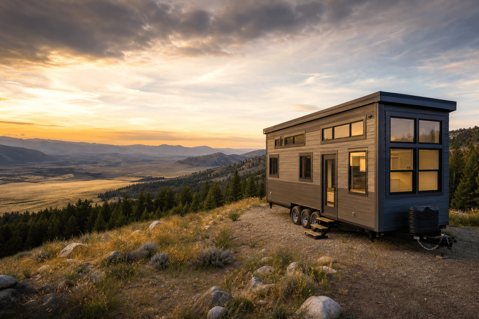 Tiny house on wheels overlooking diverse American landscapes representing the best states to live
