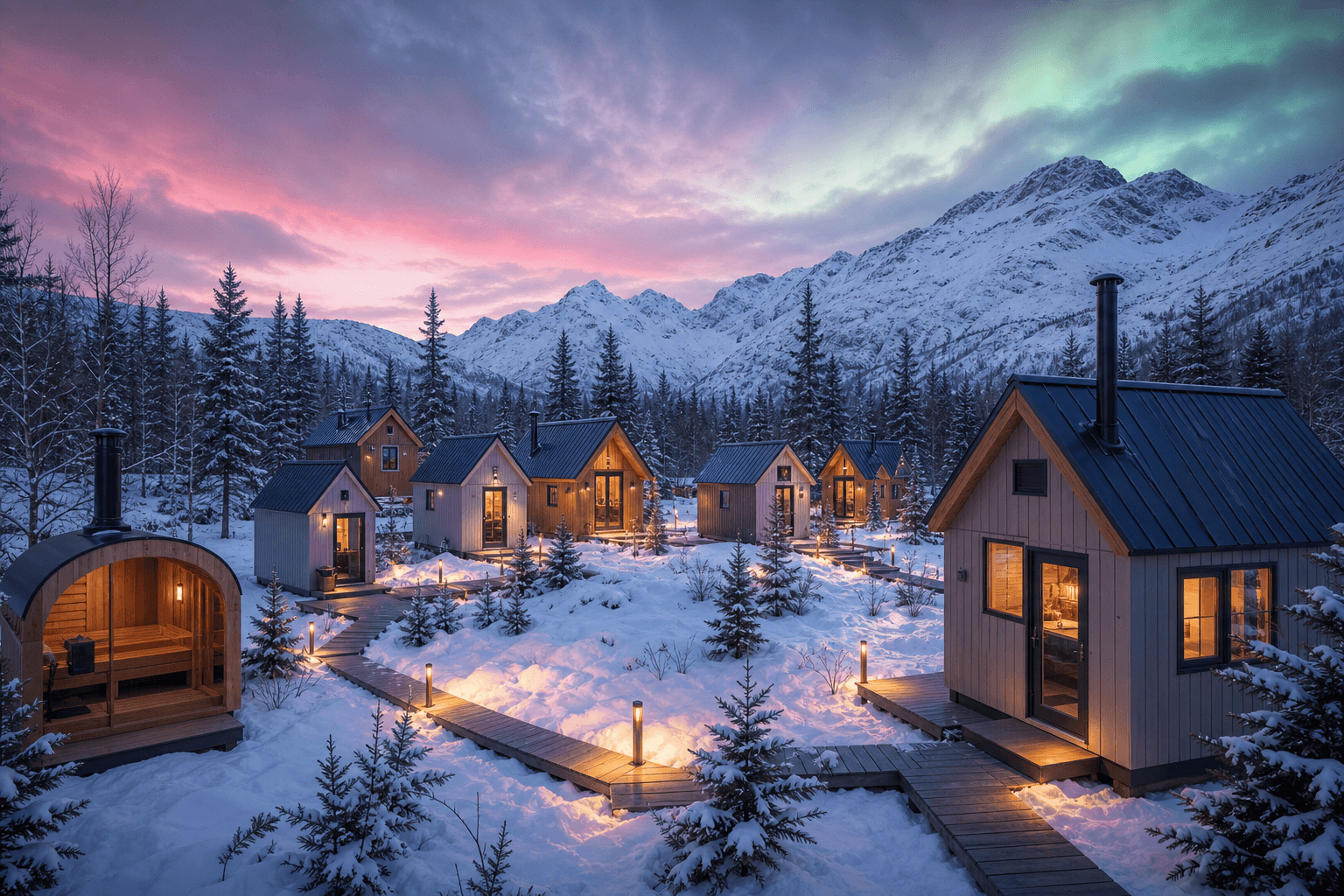 Alaska tiny house community with small homes, shared amenities, and scenic landscape