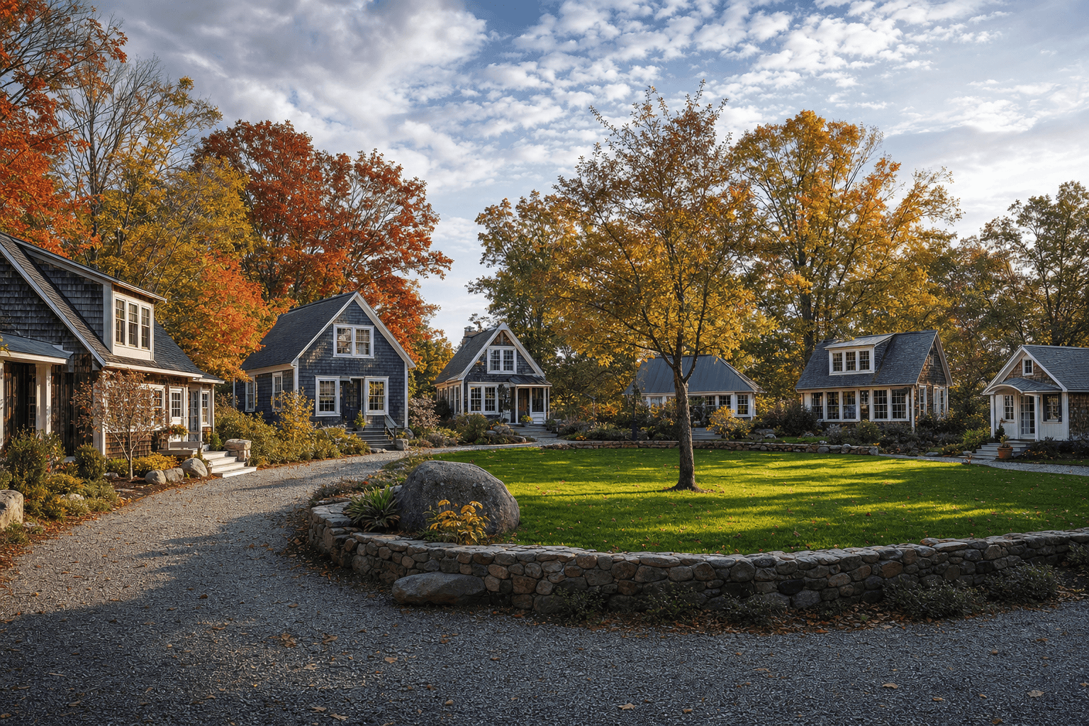 Connecticut tiny house community with small homes, shared amenities, and scenic landscape