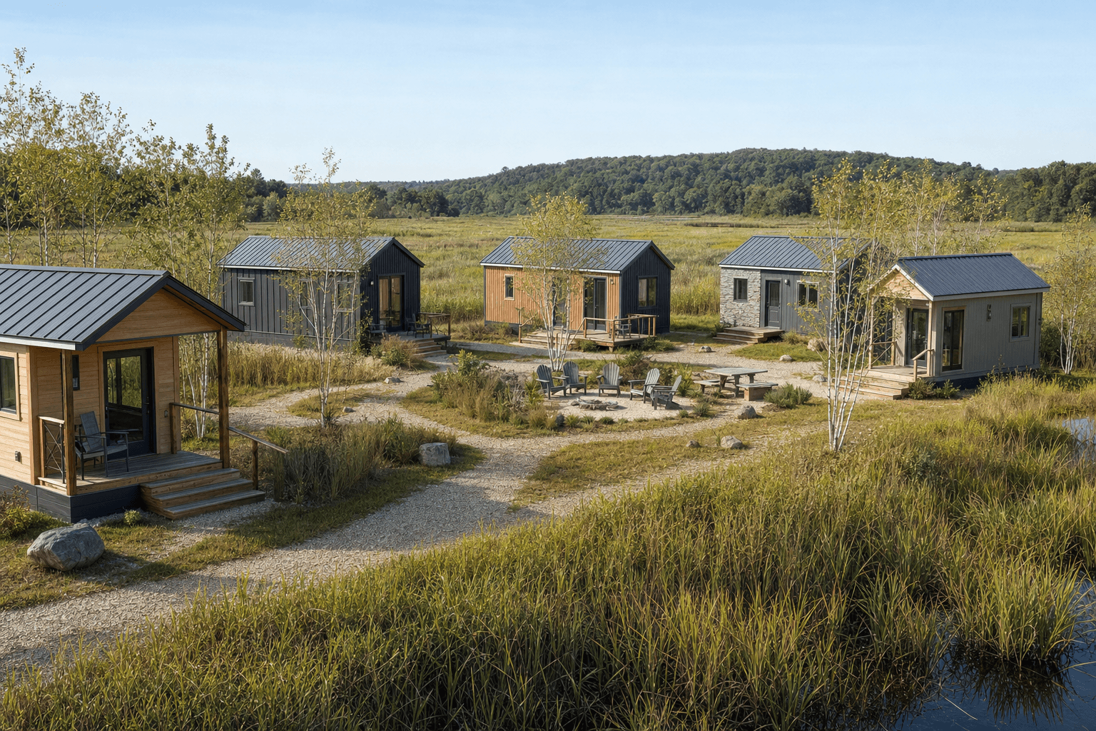 Delaware tiny house community with small homes, shared amenities, and scenic landscape