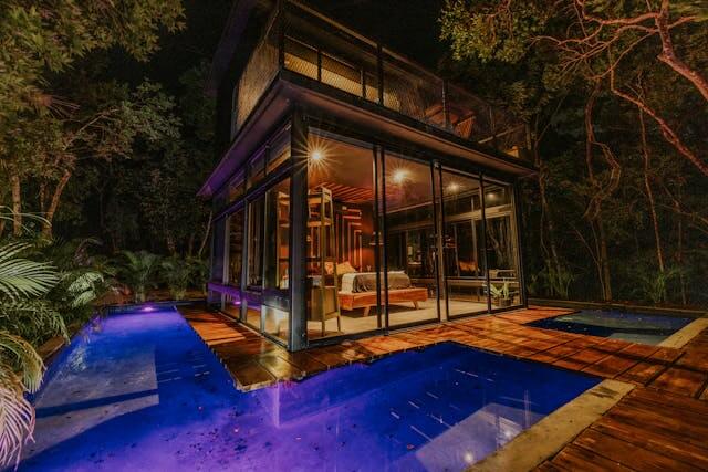 Florida tiny house community with small homes, shared amenities, and scenic landscape