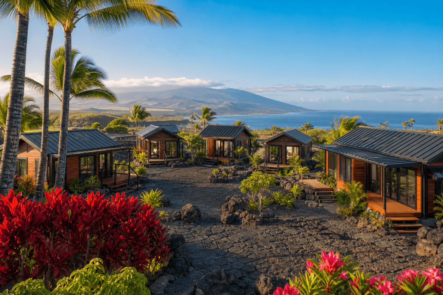 Hawaii tiny house community with small homes, shared amenities, and scenic landscape