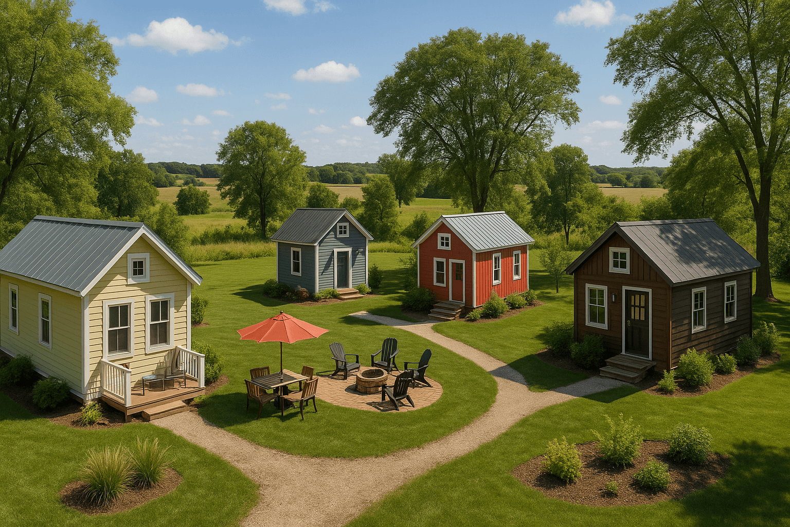 Illinois tiny house community with small homes, shared amenities, and scenic landscape