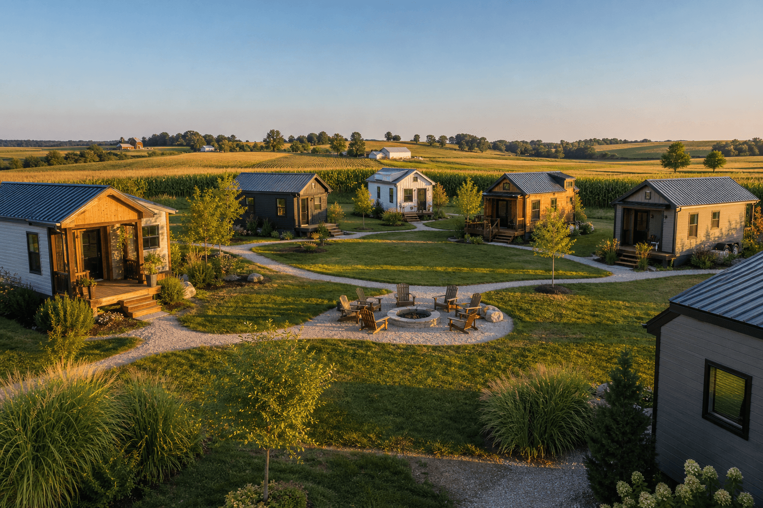 Indiana tiny house community with small homes, shared amenities, and scenic landscape