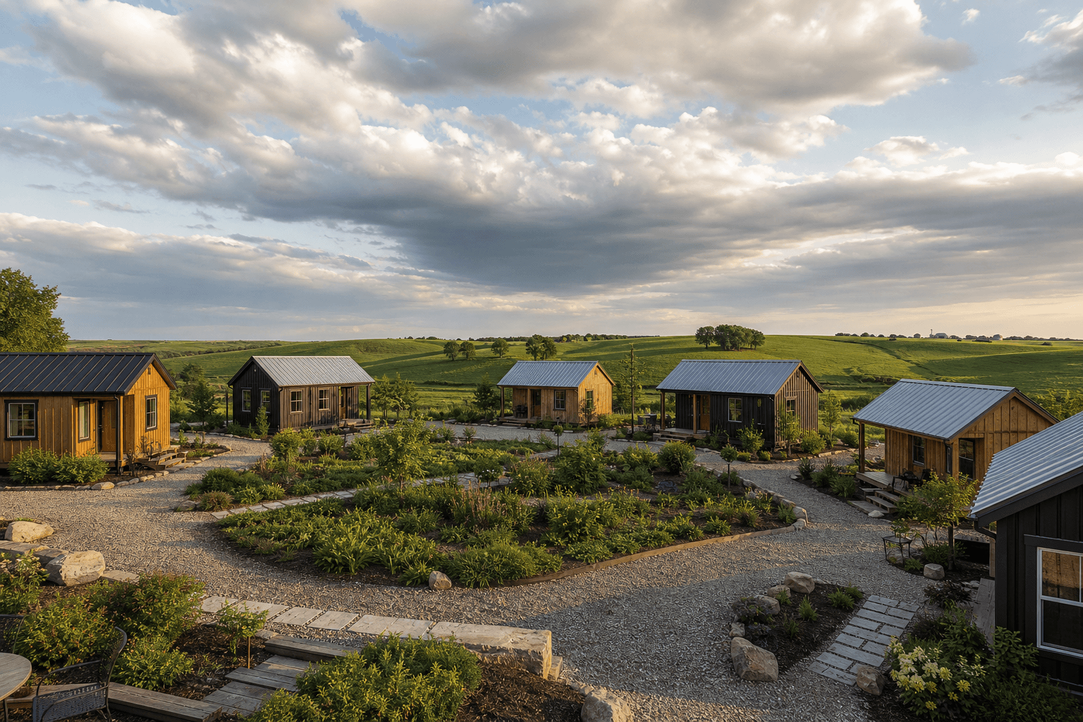 Iowa tiny house community with small homes, shared amenities, and scenic landscape
