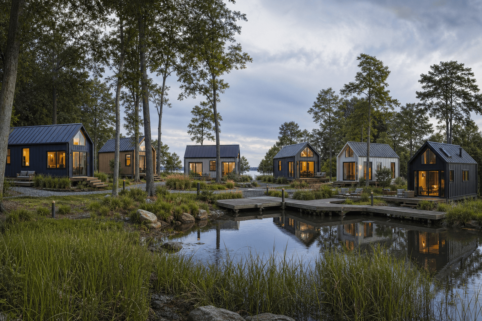 Maryland tiny house community with small homes, shared amenities, and scenic landscape