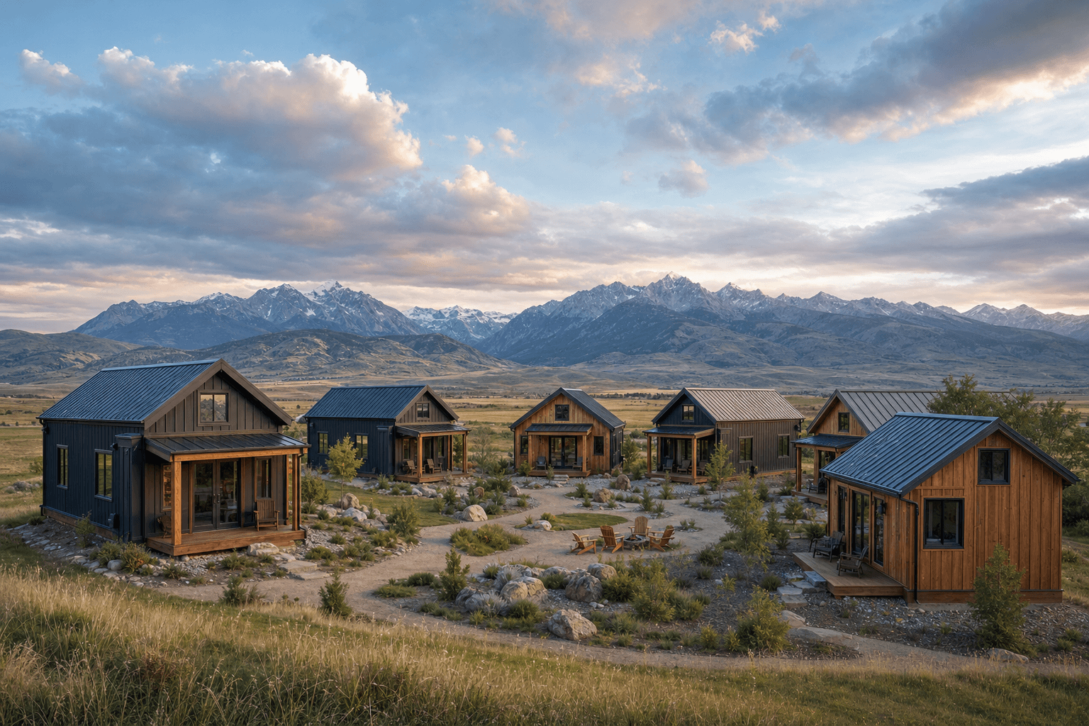 Montana tiny house community with small homes, shared amenities, and scenic landscape