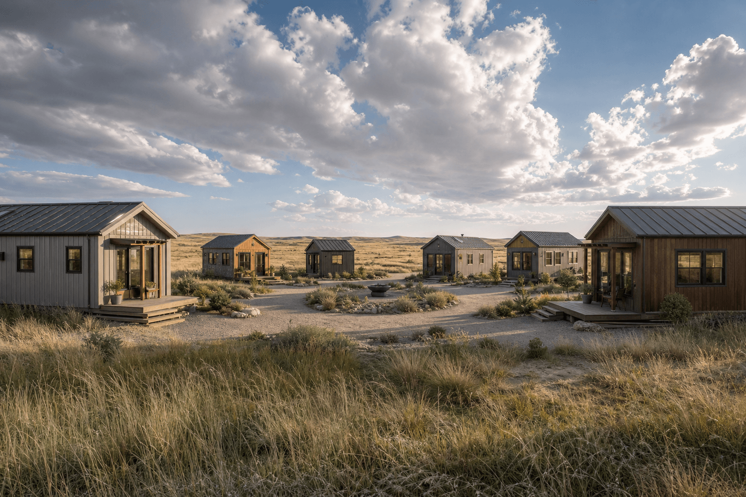 Nebraska tiny house community with small homes, shared amenities, and scenic landscape