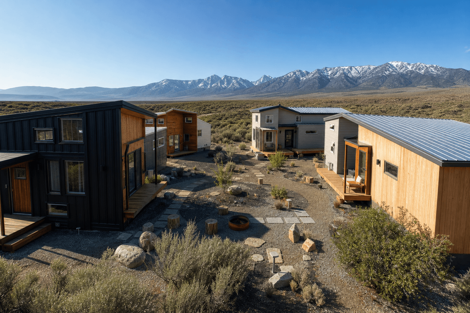 Nevada tiny house community with small homes, shared amenities, and scenic landscape