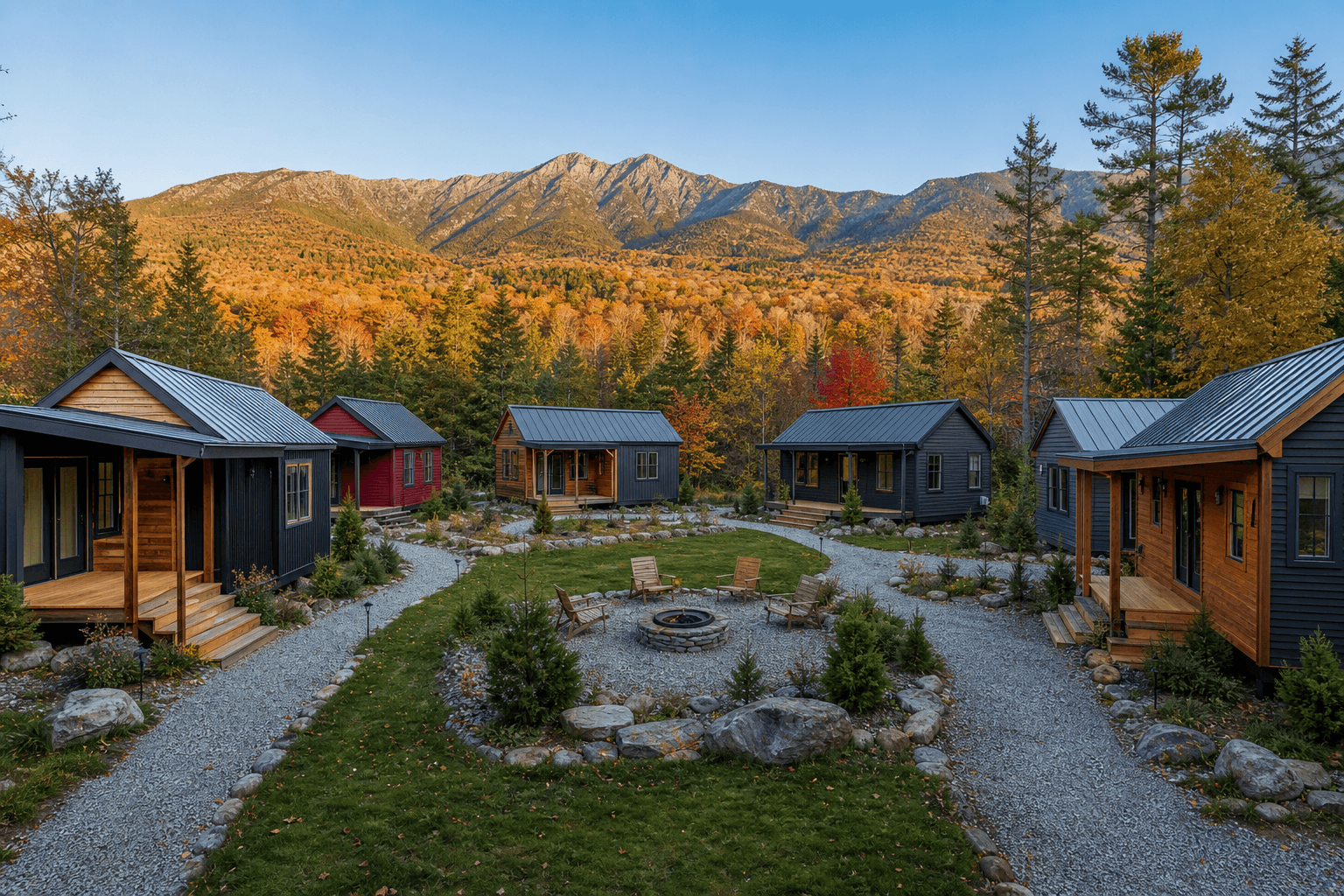 New Hampshire tiny house community with small homes, shared amenities, and scenic landscape