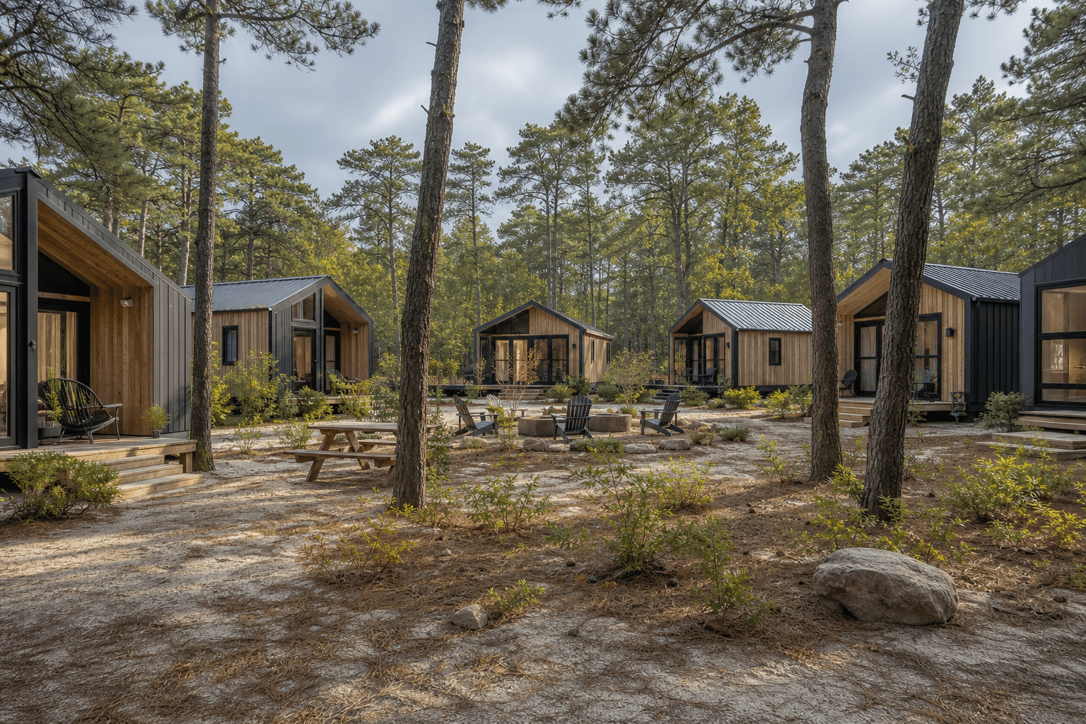 New Jersey tiny house community with small homes, shared amenities, and scenic landscape