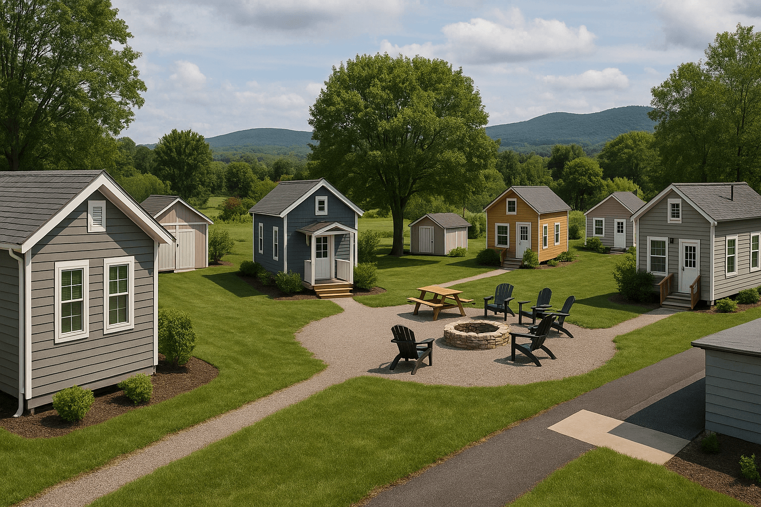 New Jersey tiny house community with small homes, shared amenities, and scenic landscape