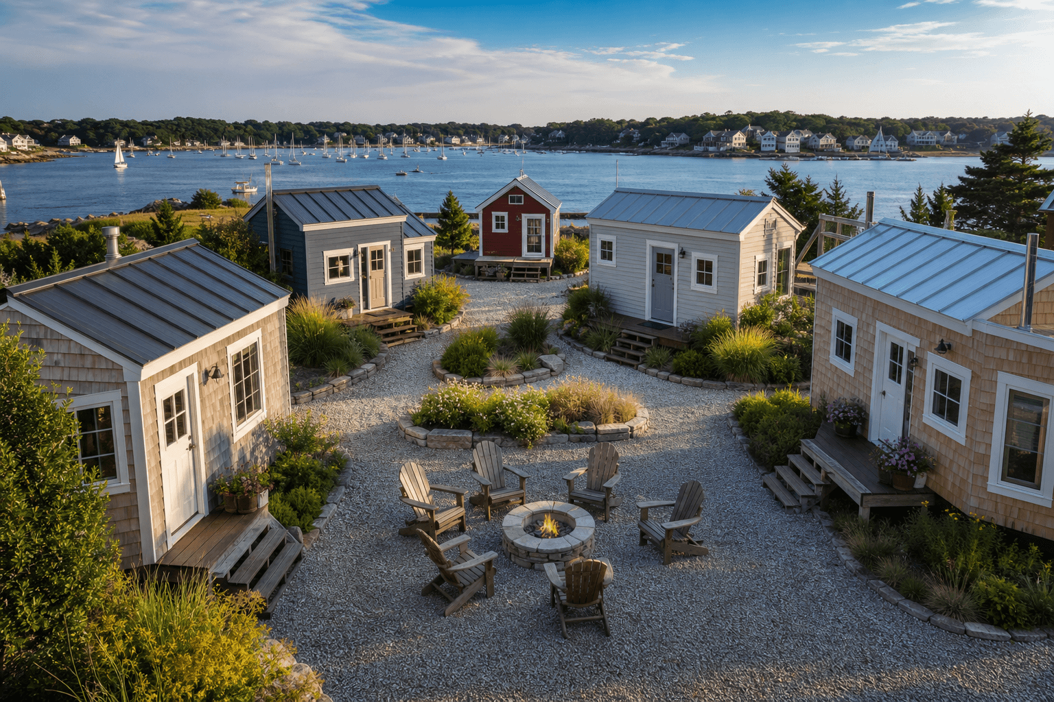 Rhode Island tiny house community with small homes, shared amenities, and scenic landscape