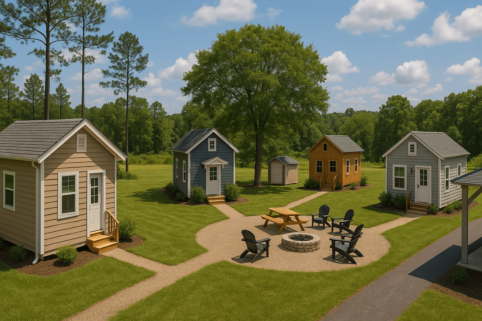 South Carolina tiny house community with small homes, shared amenities, and scenic landscape