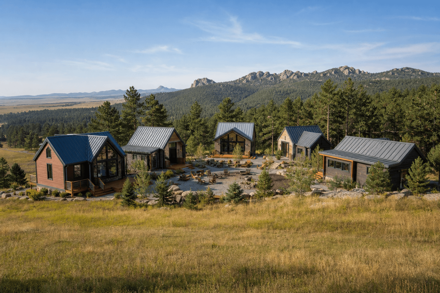 South Dakota tiny house community with small homes, shared amenities, and scenic landscape