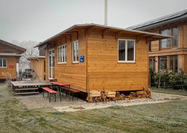 Texas tiny house community with small homes, shared amenities, and scenic landscape