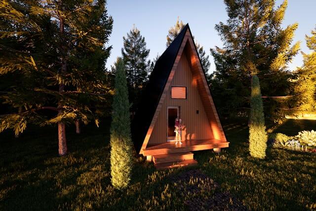 Aerial view of a tiny house community with multiple small homes arranged in a planned neighborhood with shared green spaces and walking paths