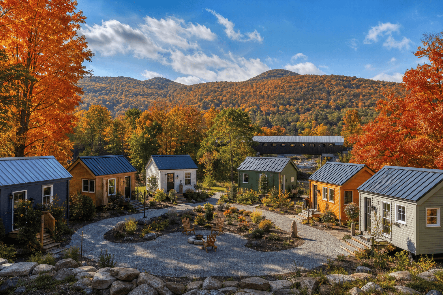 Vermont tiny house community with small homes, shared amenities, and scenic landscape