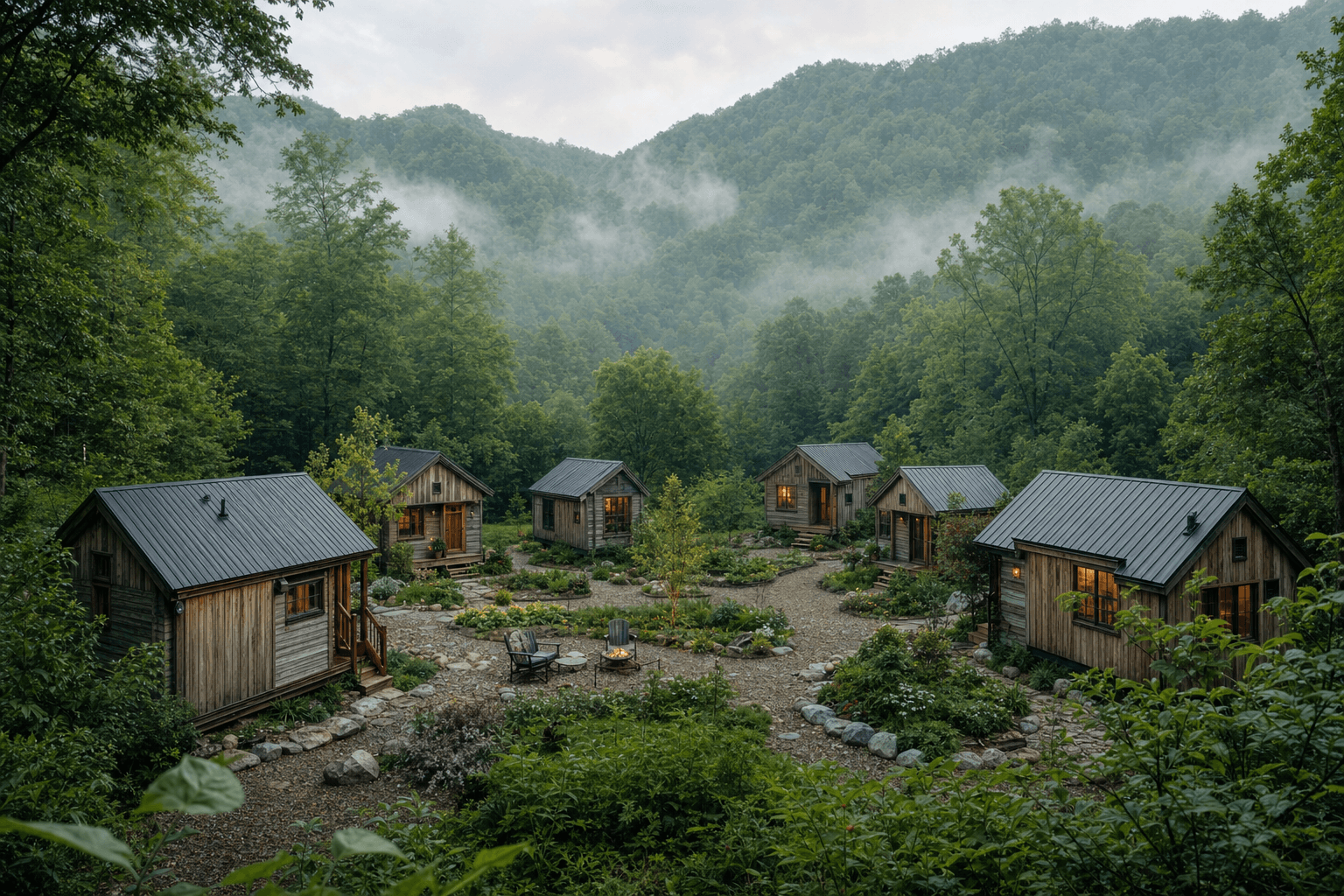 West Virginia tiny house community with small homes, shared amenities, and scenic landscape