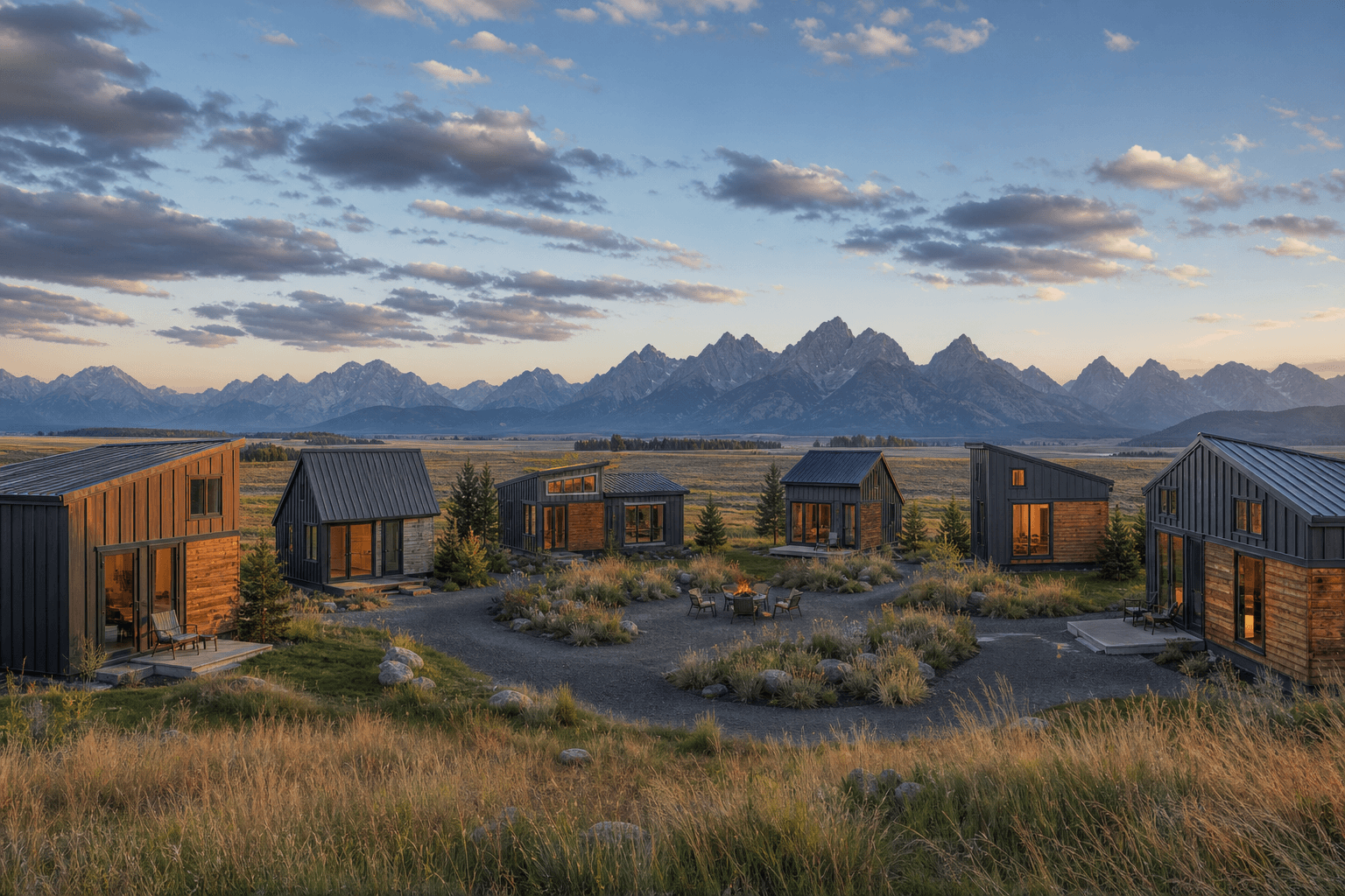Wyoming tiny house community with small homes, shared amenities, and scenic landscape