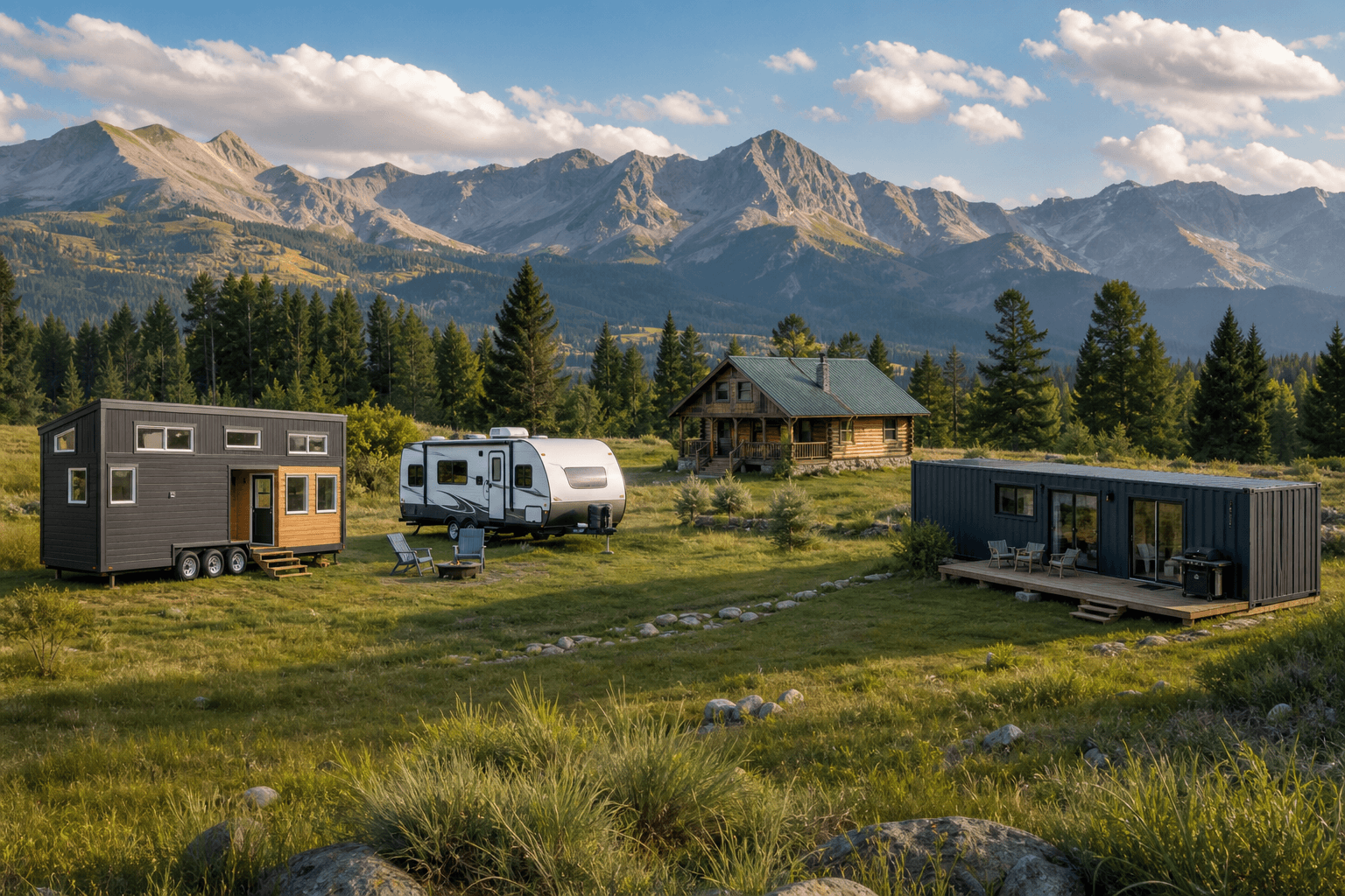 Multiple alternative living options including a tiny house, RV, cabin, and container home in a scenic meadow