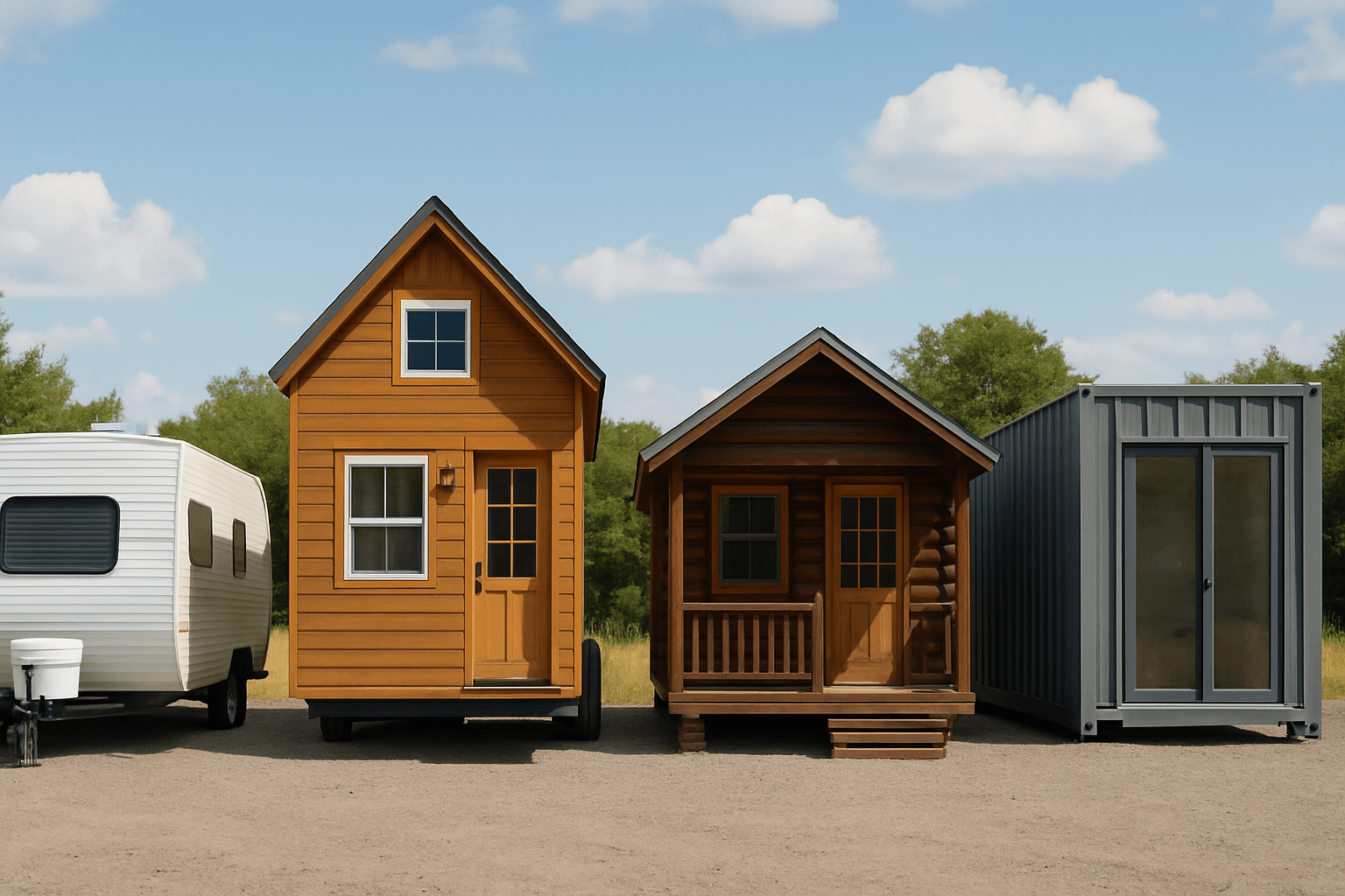 Side by side comparison of different tiny house and alternative living options including RVs, cabins, and container homes