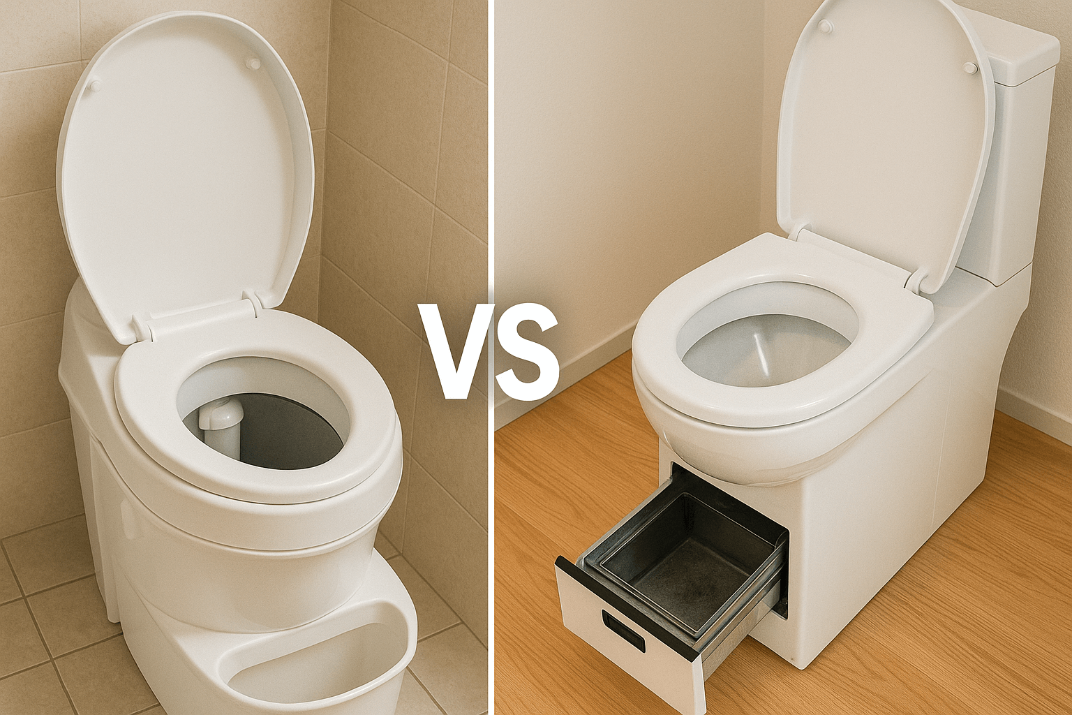 Side by side comparison of a composting toilet and an incinerating toilet showing internal components and maintenance requirements