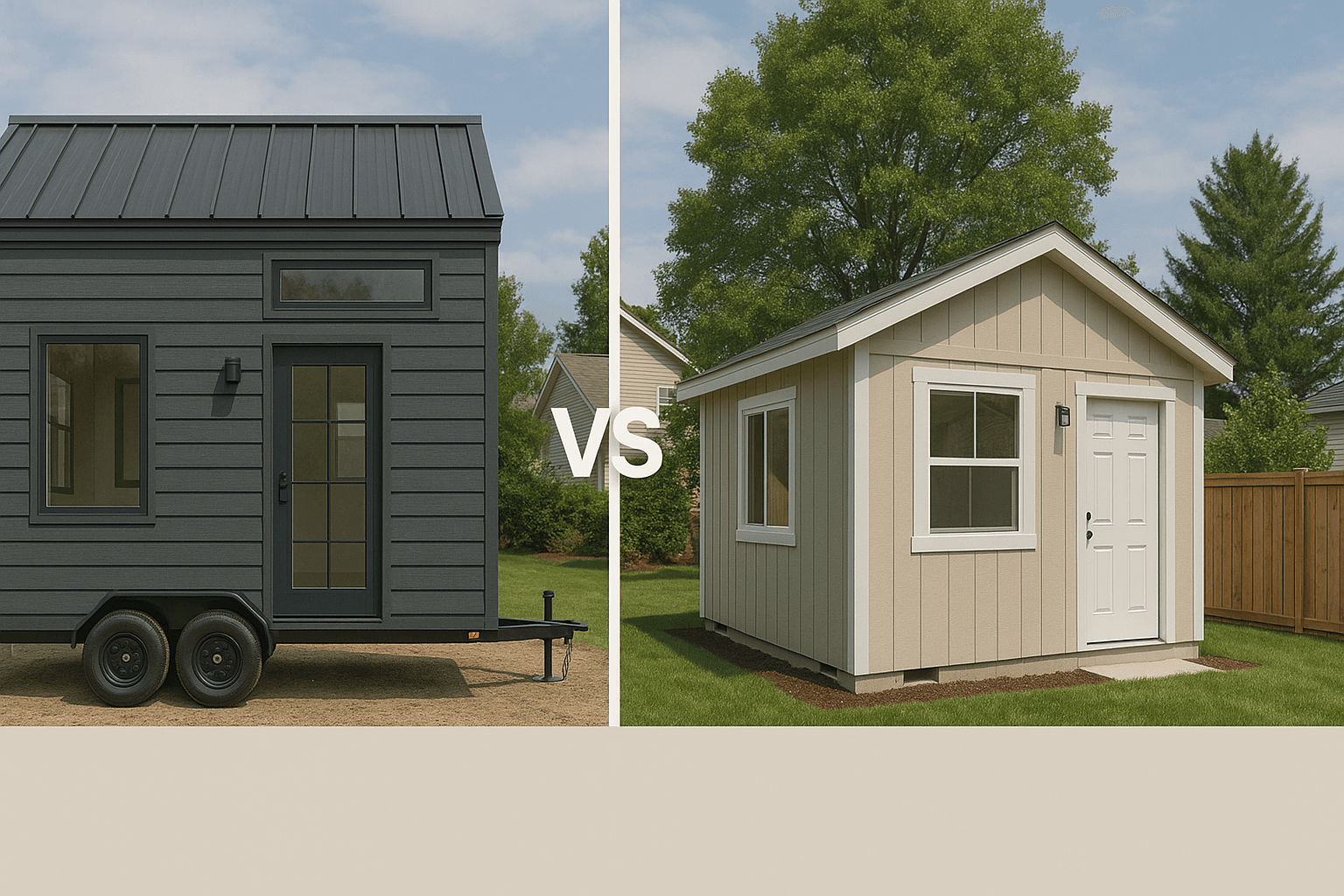 Comparison of a tiny house on wheels and a permanent ADU structure in a residential backyard showing construction and zoning differences
