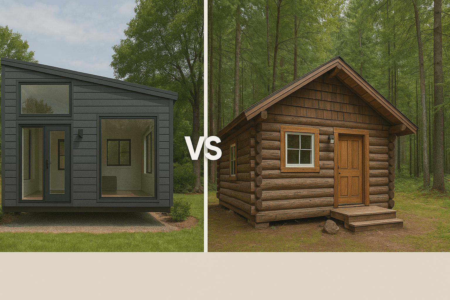 Comparison between a modern tiny house with large windows and a traditional rustic cabin in a forest setting showing construction and lifestyle differences