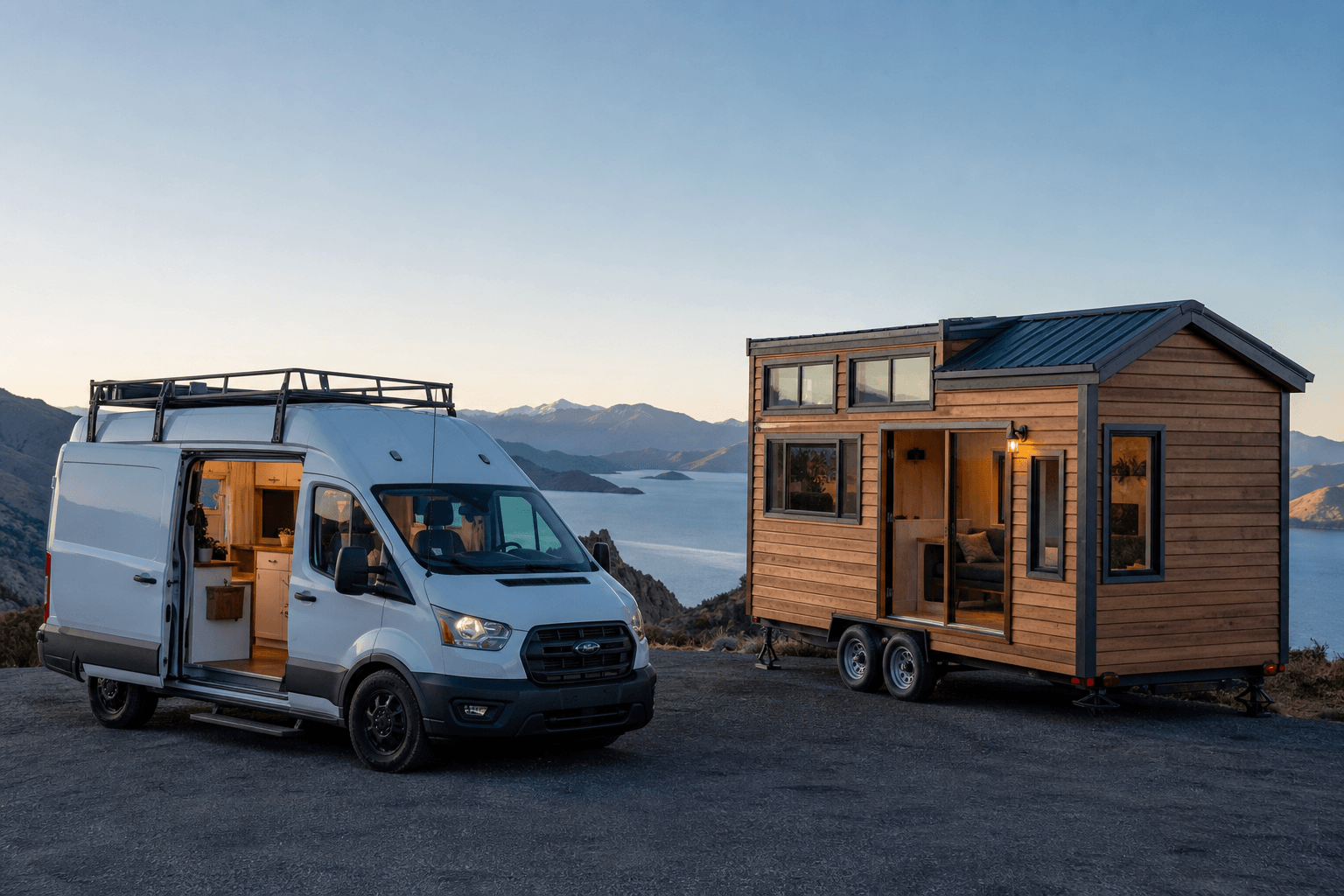 Converted camper van parked beside a tiny house on wheels at a scenic overlook