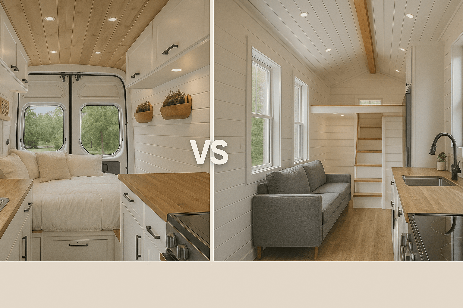 Side by side comparison of a converted camper van interior and a tiny house on wheels showing space and comfort differences