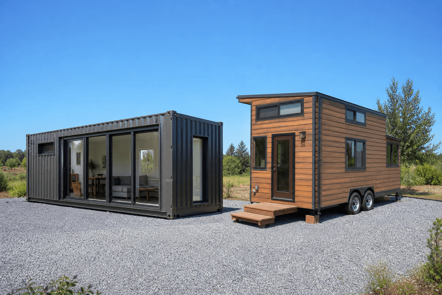Converted shipping container home beside a traditional tiny house on wheels on a rural gravel pad